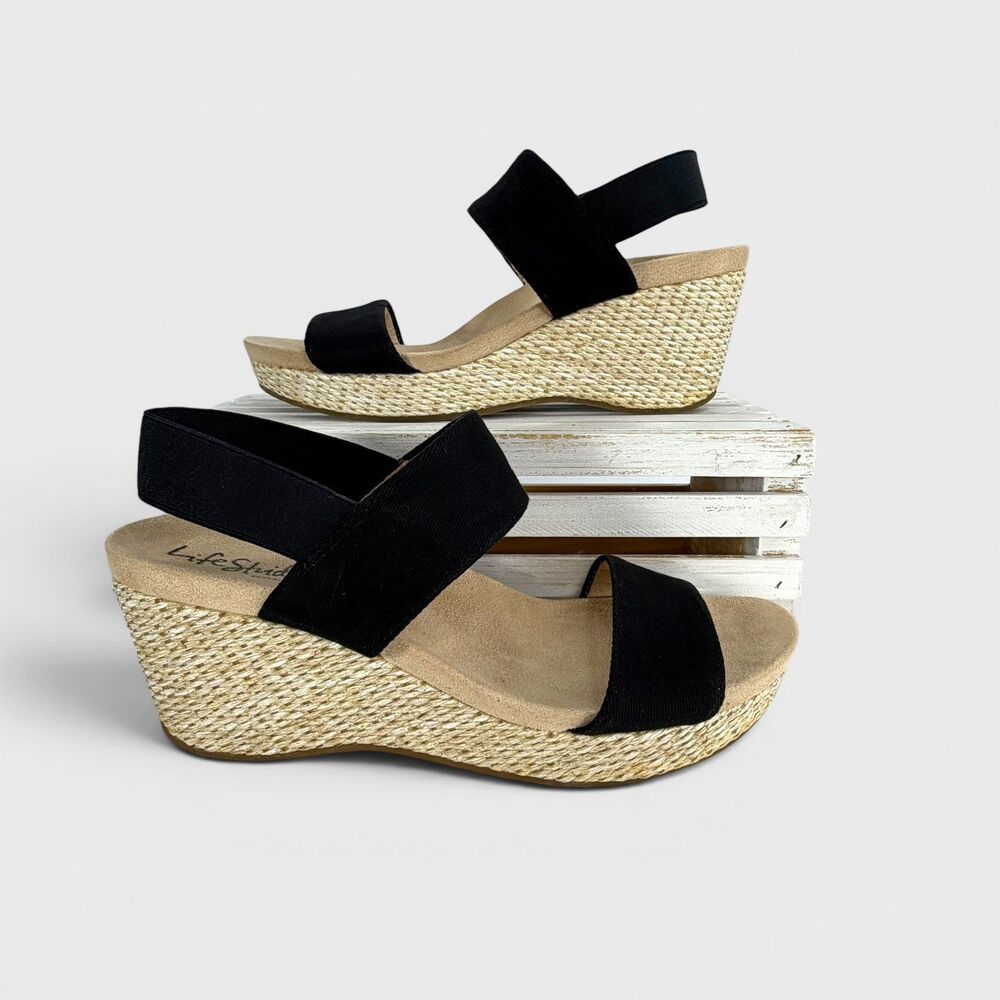 LifeStride Black Espadrille Wedge Sandals Size 9.5